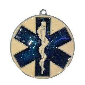 Vintage Handmade Stained Glass Suncatcher Ornament Winged Medical Symbol EMT